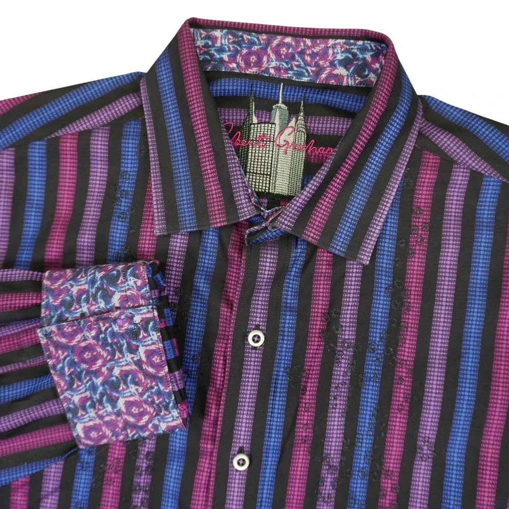 Robert Graham Button Up Shirt Mens XL Purple Blue Striped Flip Cuff Multicolor - Picture 1 of 15